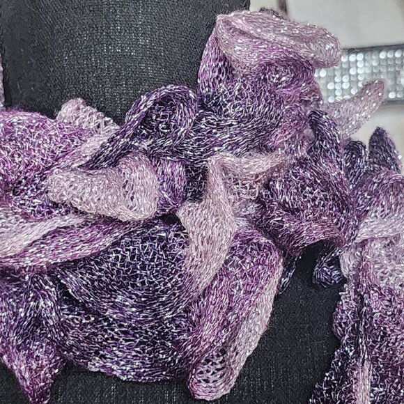 Handmade Crochet Purple and Lilac with Metallic Silver Threads Throughout Scarf - Picture 12 of 16